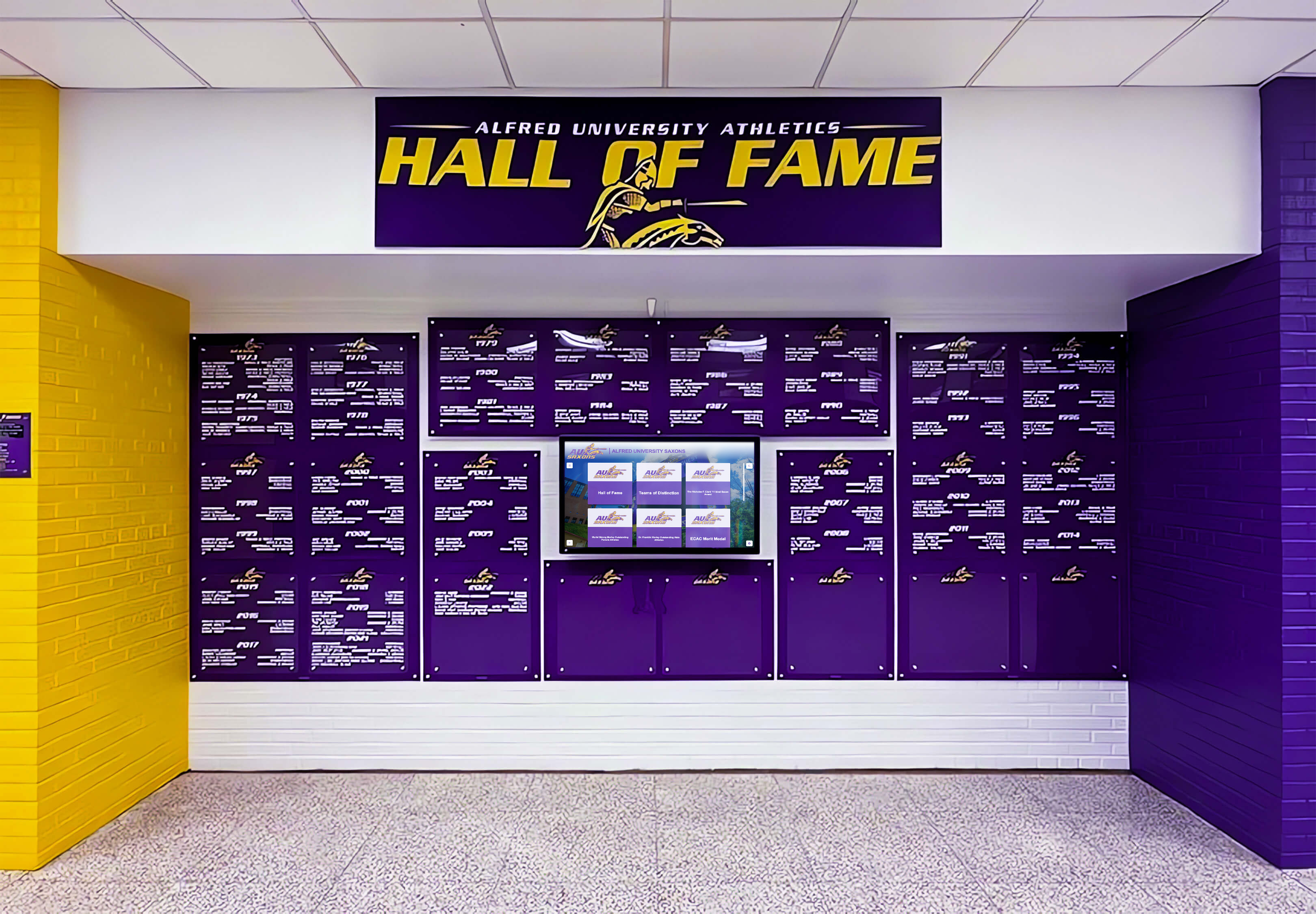 Professional hall of fame installation with branded display design Comprehensive digital recognition system installation