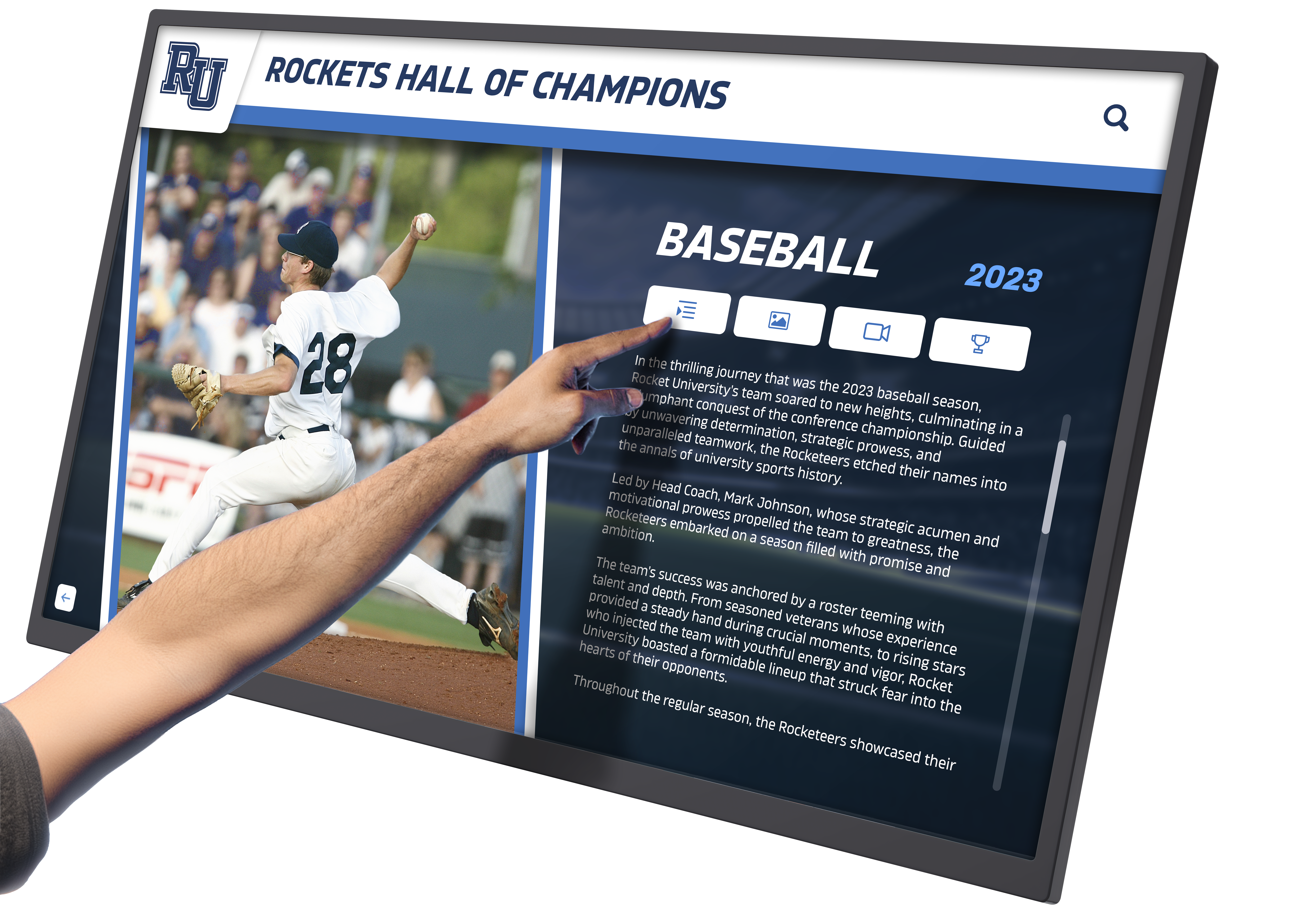 User exploring detailed championship information on interactive touchscreen Interactive championship interface