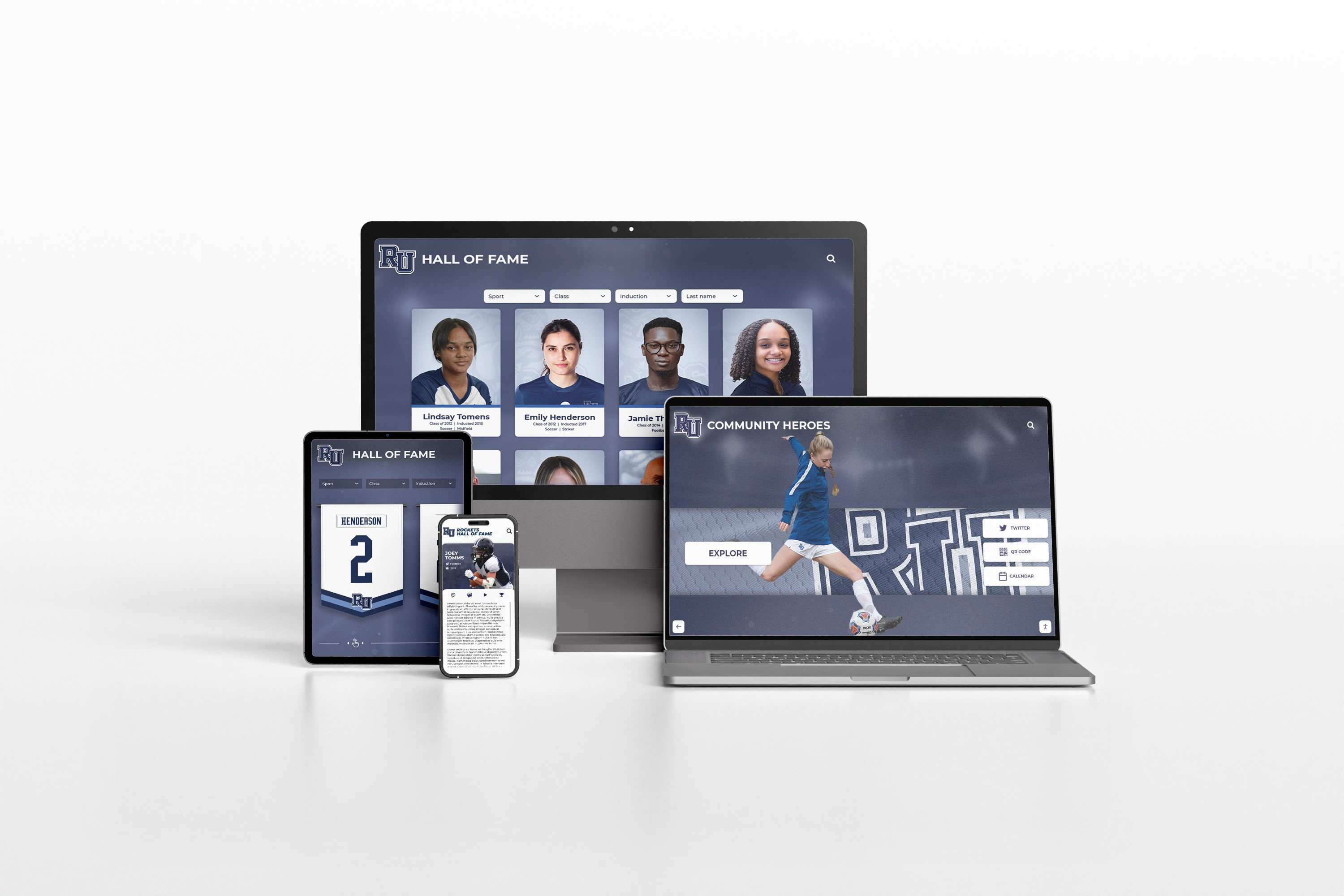 Alumni recognition displayed on desktop, tablet, and mobile devices Alumni profiles displayed across multiple devices