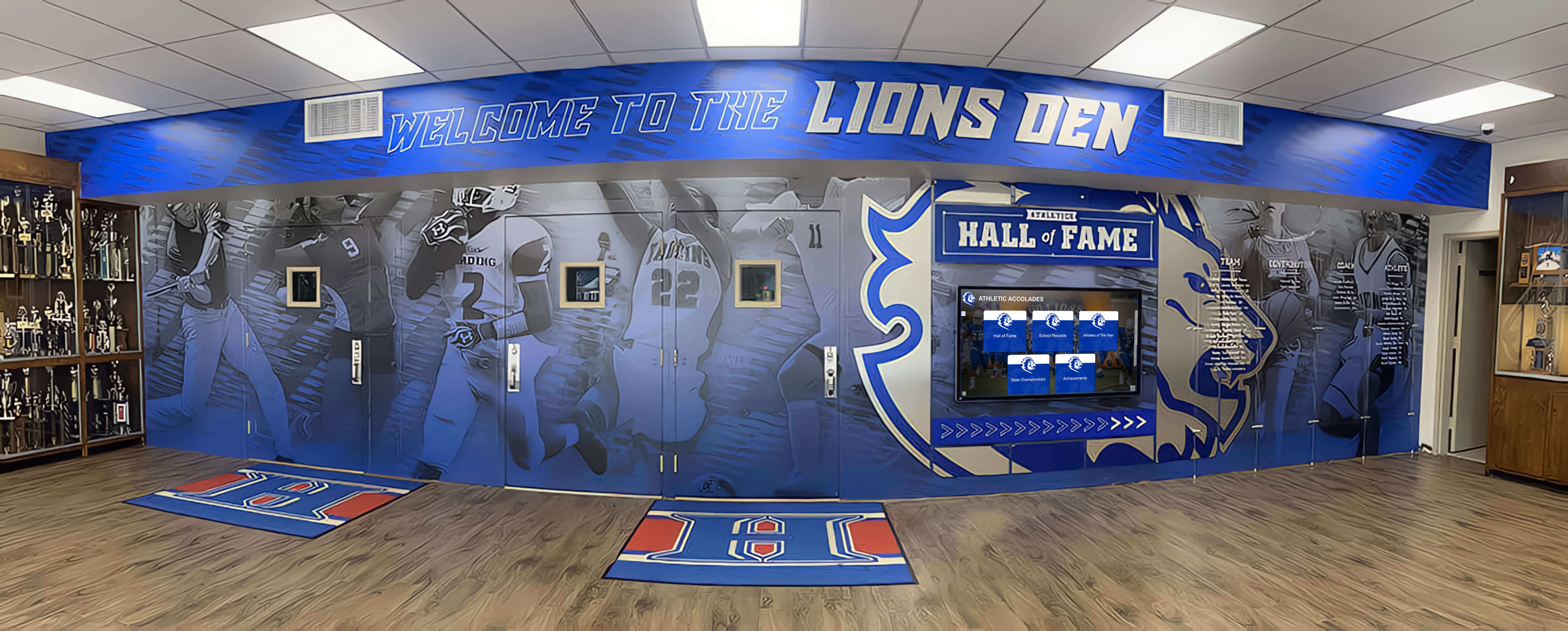 Integrated athletic recognition featuring murals, trophy cases, and comprehensive displays Comprehensive athletic display