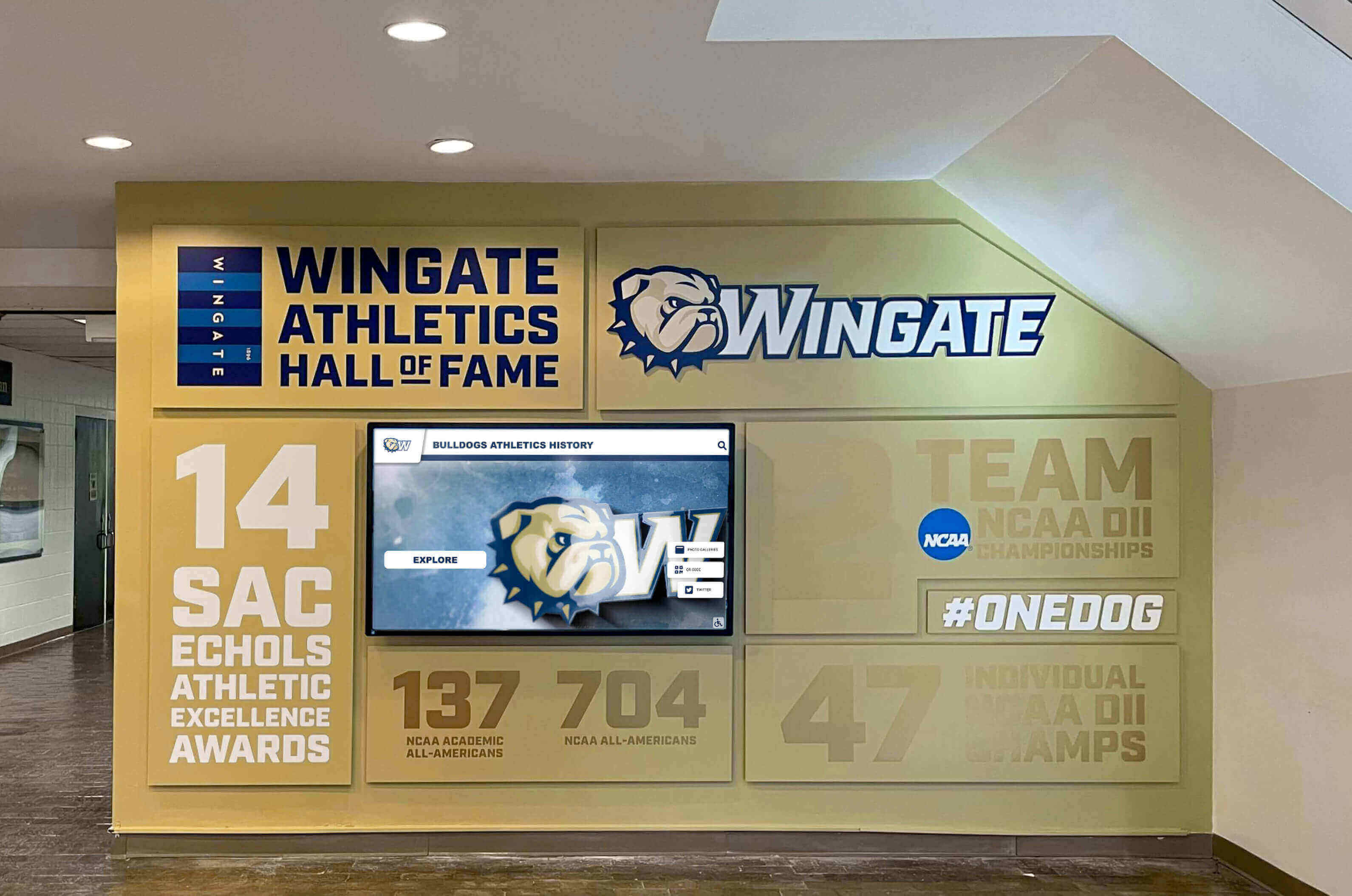 Modern digital trophy wall with interactive athletic recognition Digital trophy wall display